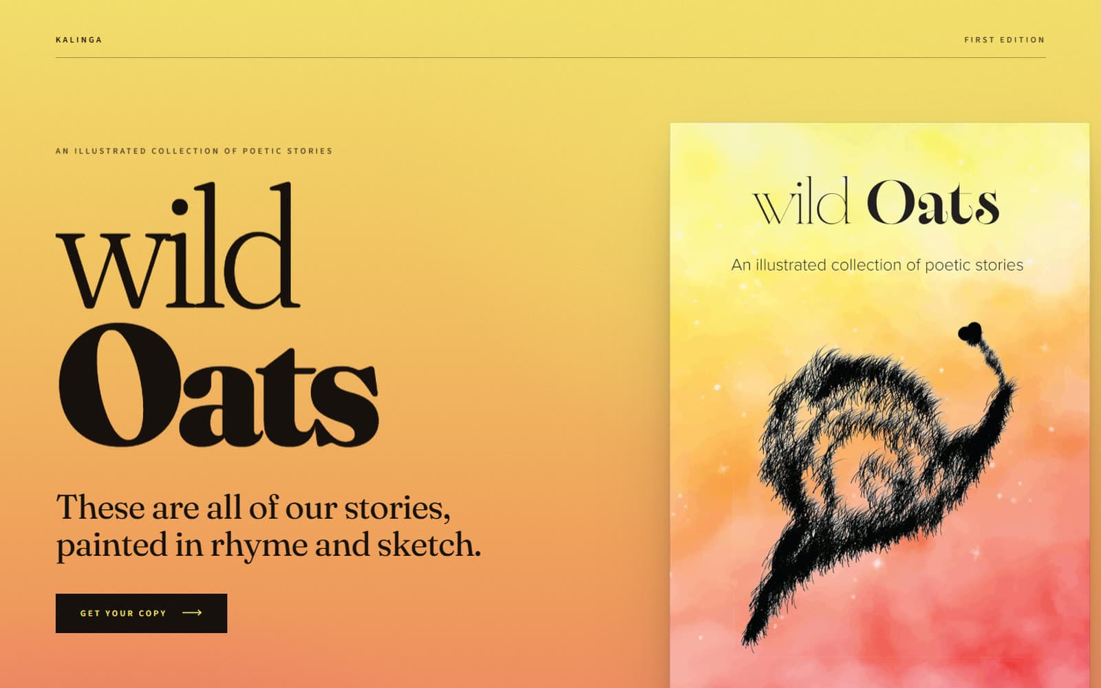 Wild Oats — a live launch page for an illustrated poetry collection, its title set huge on a yellow-to-coral wash beside the book’s cover.