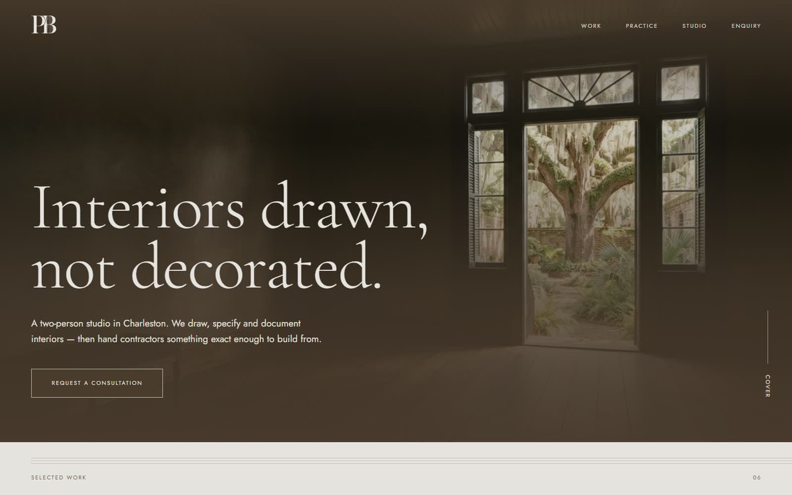 Plinth & Bay — a sample site for an interior design practice, with a serif headline over a dim photograph of a room opening onto a courtyard.